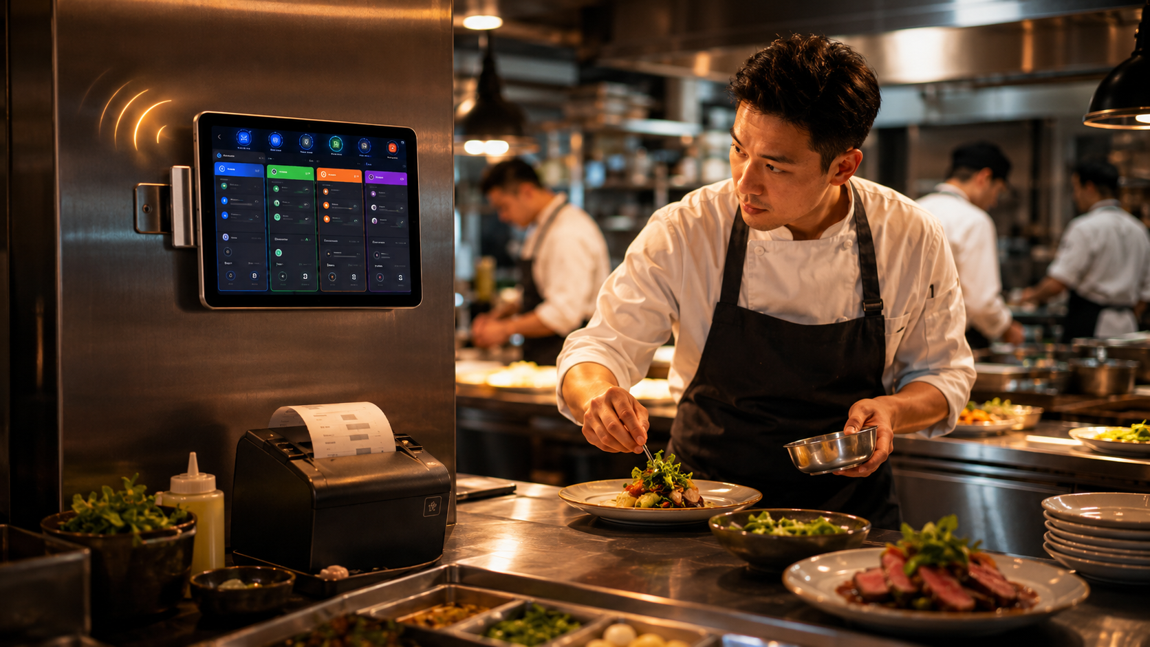 Tablet mit Bestell-Dashboard in der Küche — neue Bestellung blinkt rot