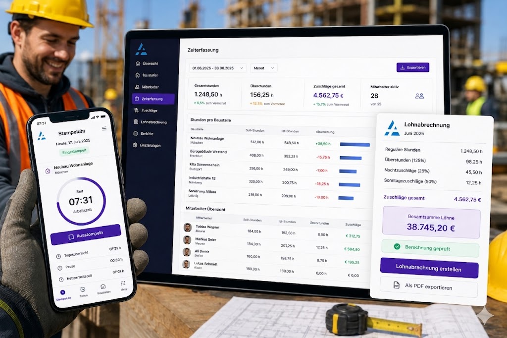 Stundenerfassung-App — Mitarbeiter stempelt pro Baustelle mit einem Klick