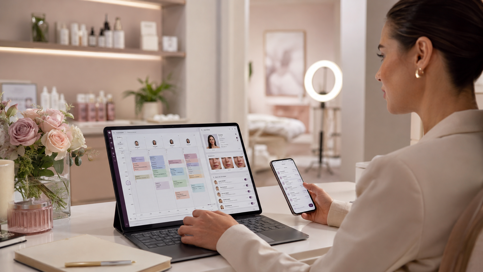 Studio-Backoffice — Tageskalender pro Mitarbeiterin, Kundinnen-Karteikarte, Foto-Galerie, Recall-Liste