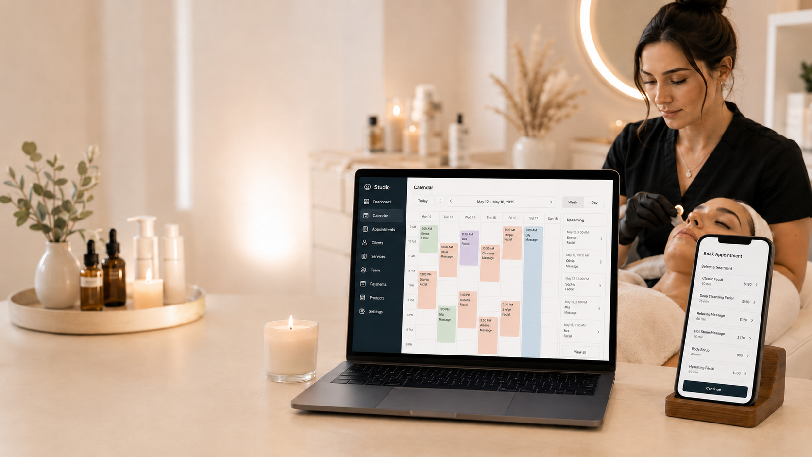 Studio-Backoffice — Terminkalender, Kundinnen-Profile, Recall-Liste, Mitarbeiter-Auslastung