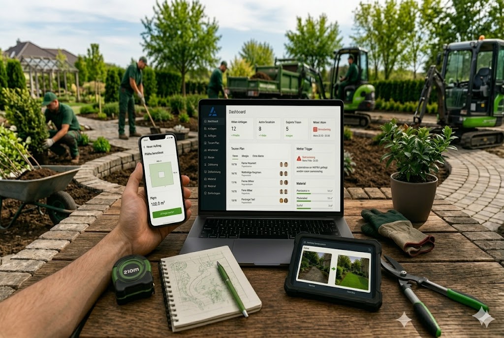GaLaBau-Backoffice — Touren-Plan, Wetter-Anzeige, Baustellen-Status, Foto-Doku-Galerie
