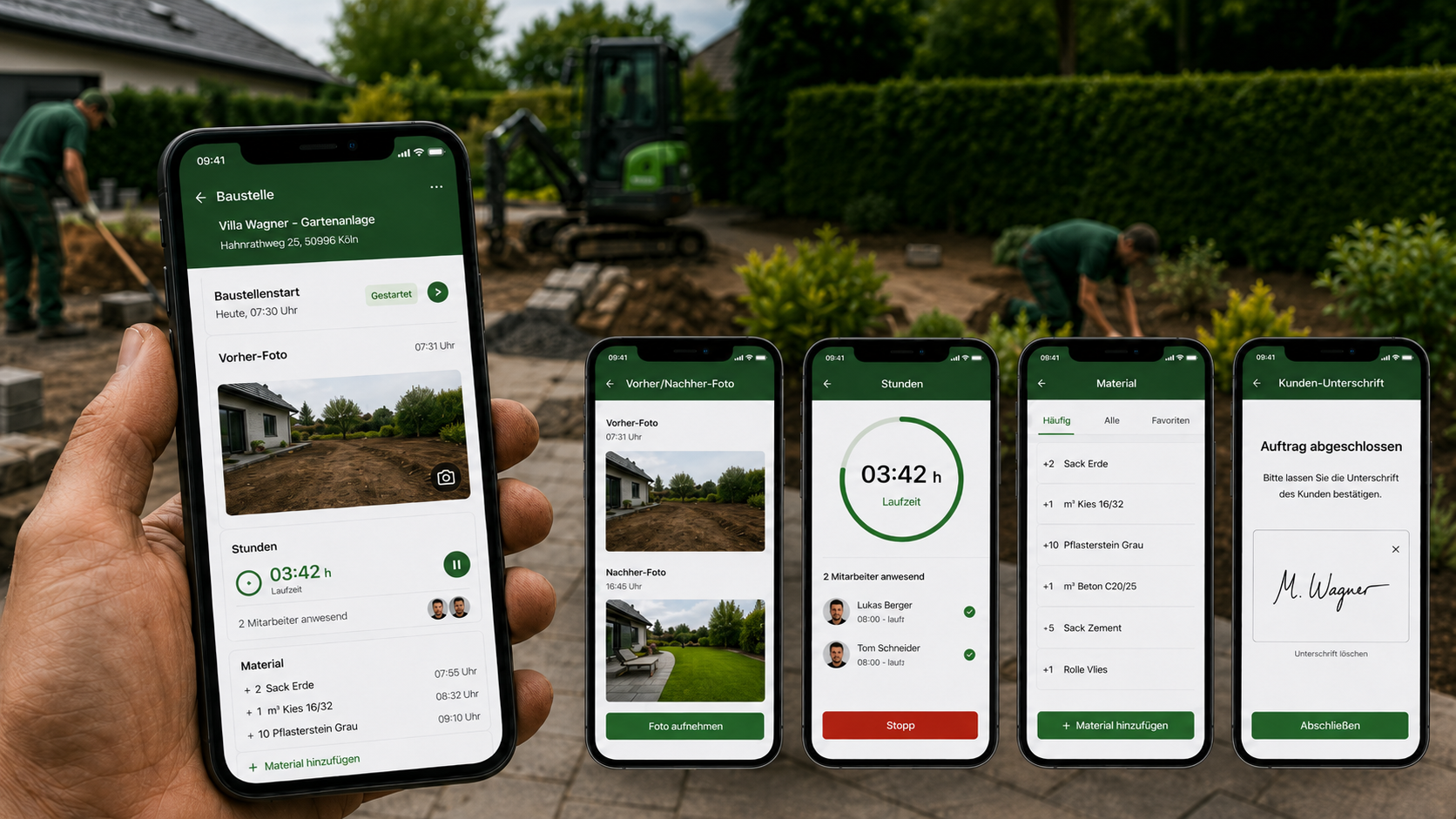 Foto-Doku-App — Mitarbeiter macht Vorher/Nachher-Foto, Stunden- und Material-Erfassung pro Baustelle