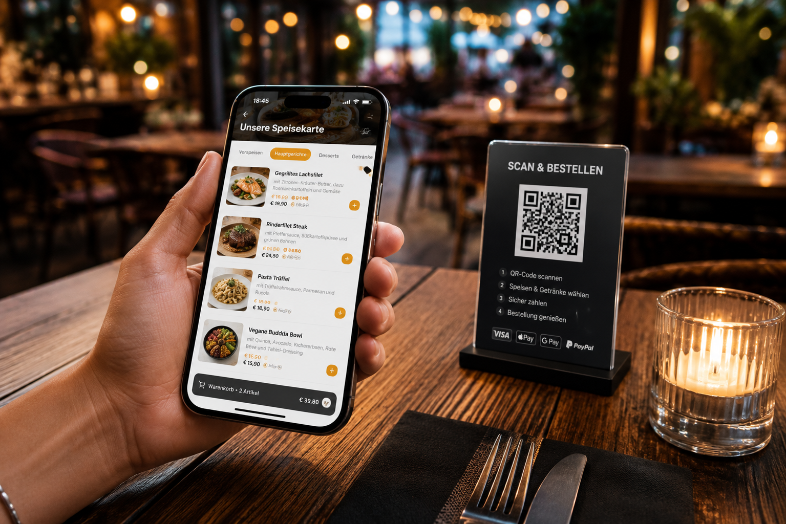 QR-Bestellung — Gast scannt am Tisch, wählt Speisen, zahlt per Stripe