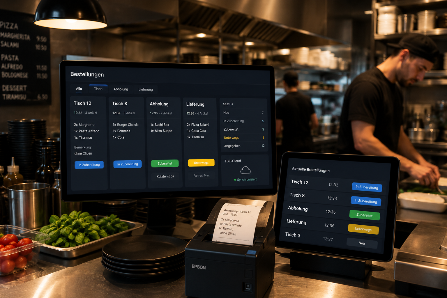 Bestell-Backoffice — Tisch- und Abhol-Bestellungen live, mit Status für Küche und Service