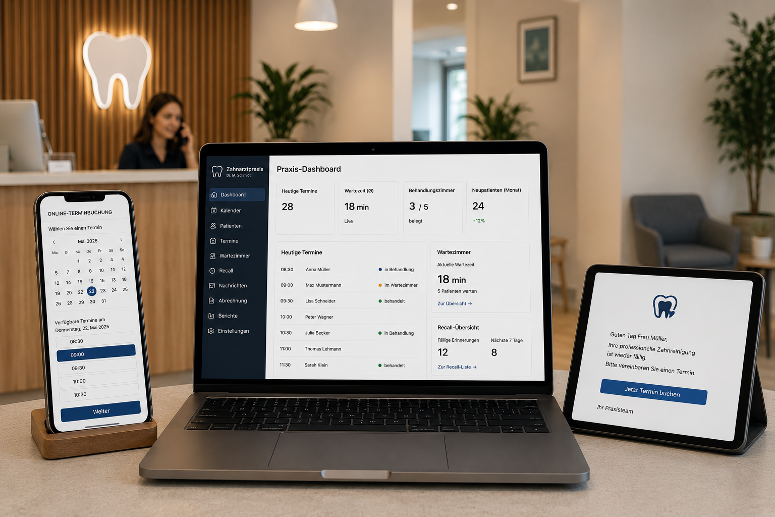 Praxis-Backoffice — Terminkalender, Patientenliste, Recall-Übersicht auf einen Blick