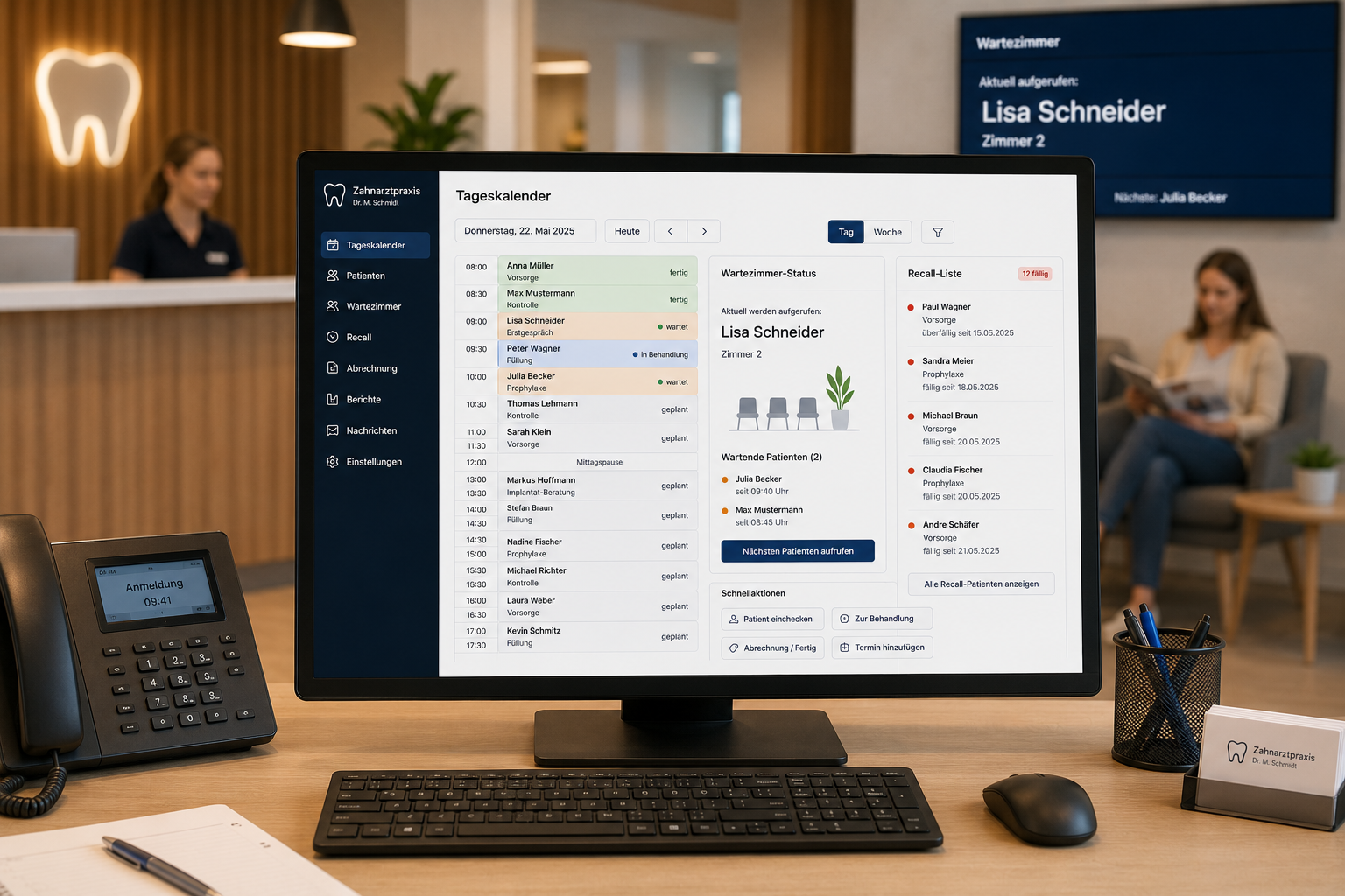 Praxis-Backoffice — Tageskalender, Wartezimmer-Status, Recall-Liste, Patienten-Notizen
