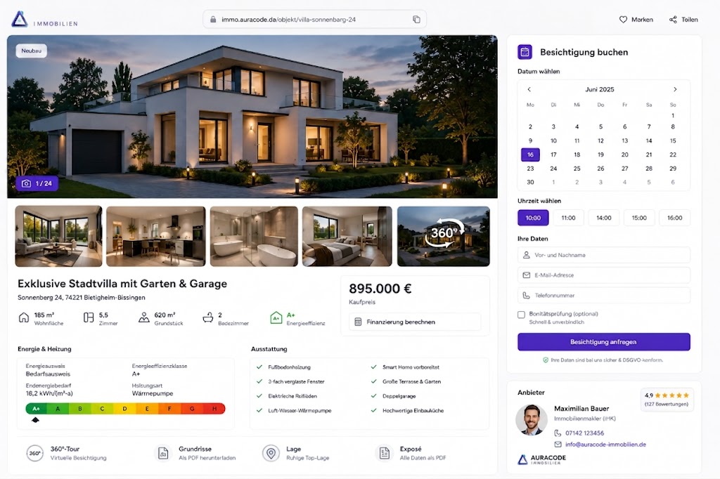 Immobilien-Backoffice — Objekt-Übersicht mit Fotos, Interessenten und Besichtigungsterminen