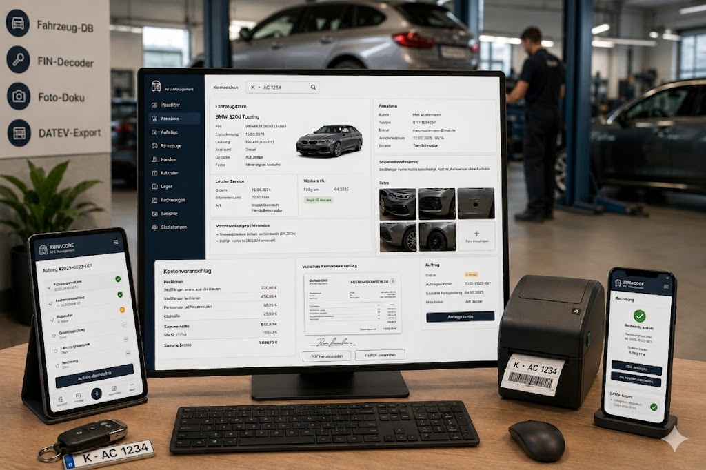 KFZ-Backoffice — Auftragsübersicht mit Fahrzeug, Foto-Doku und Kostenvoranschlag