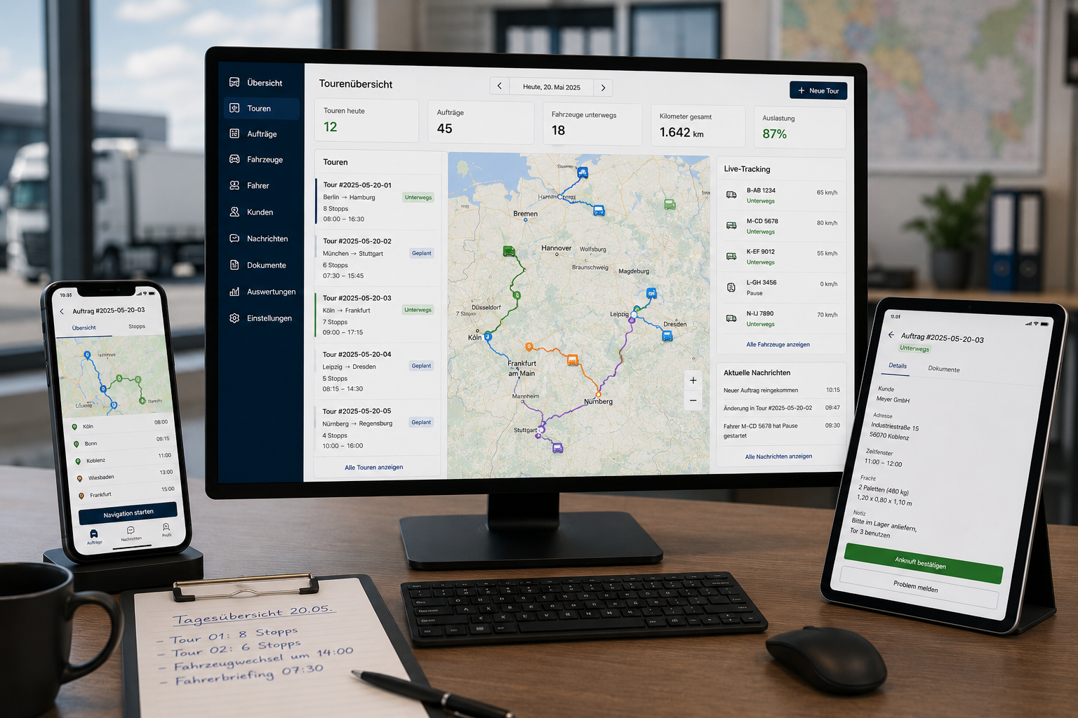 Logistik-Backoffice — Tagestouren, Fahrer-Positionen live, Auftragsliste mit Status