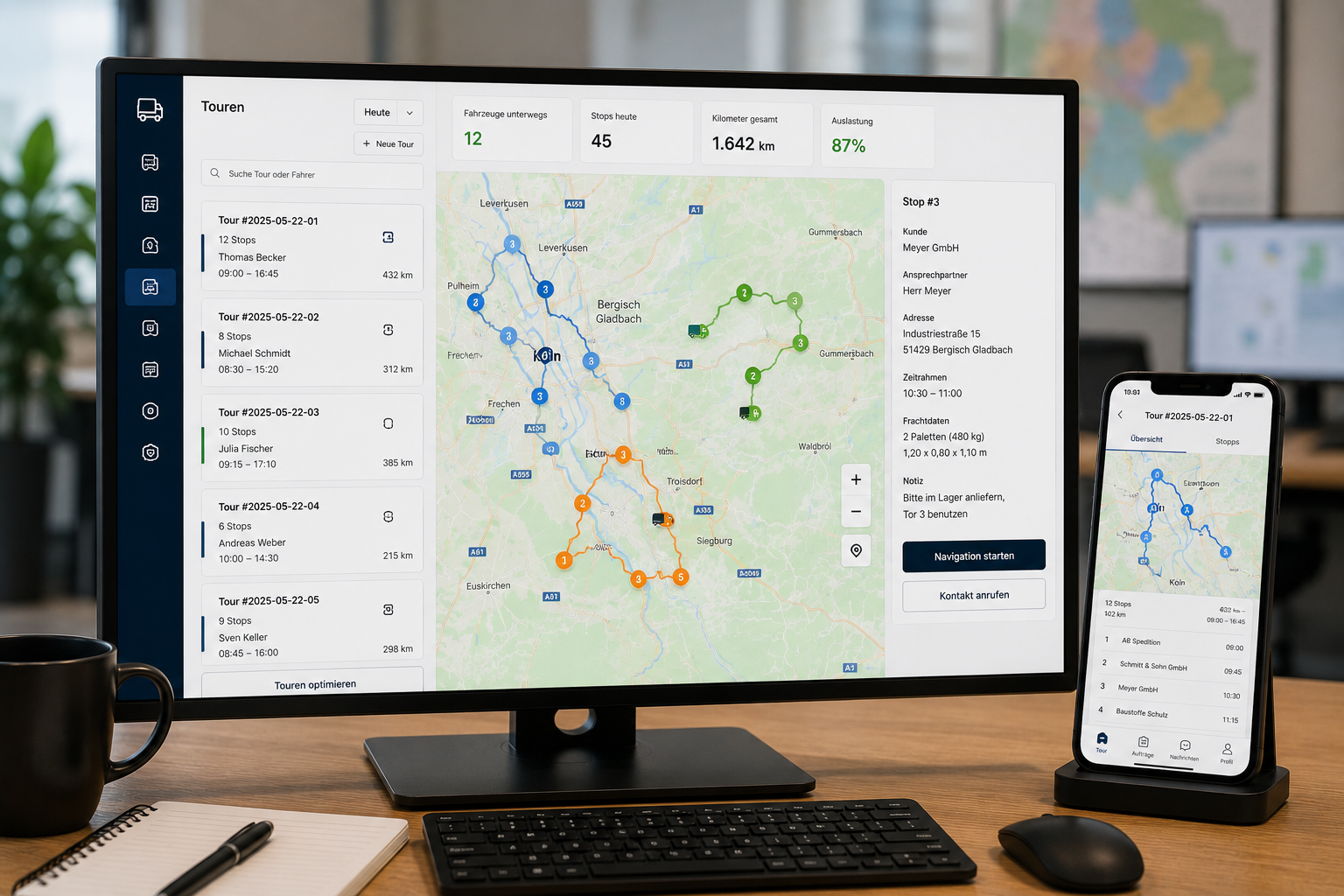 Touren-Plan — Live-Karte mit allen Fahrzeugen, optimierte Routen via Google Maps, Auftragsliste