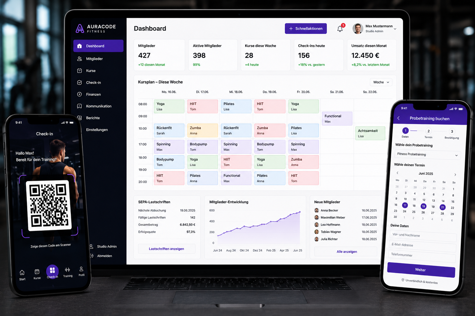 Sport-Backoffice — Mitglieder-Liste, Kursplan, Beitrags-Status, Check-in-Tracker auf einen Blick