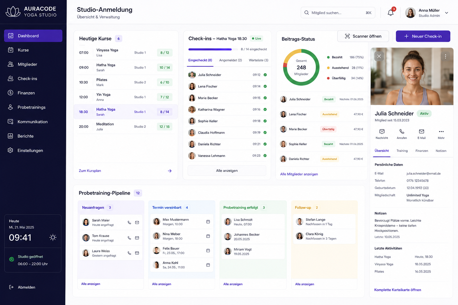 Mitglieder-Backoffice — Tageskursplan, Mitglieder-Liste mit Beitrags-Status, Probetraining-Funnel, Check-in-Tracker