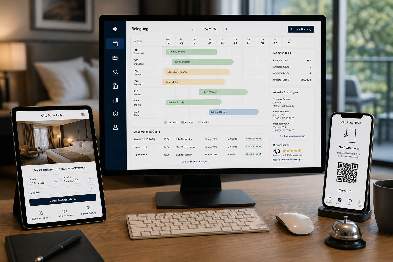 Tourismus-Backoffice — Belegungs-Kalender mit allen Zimmern/Einheiten, Buchungen, Gäste-Liste