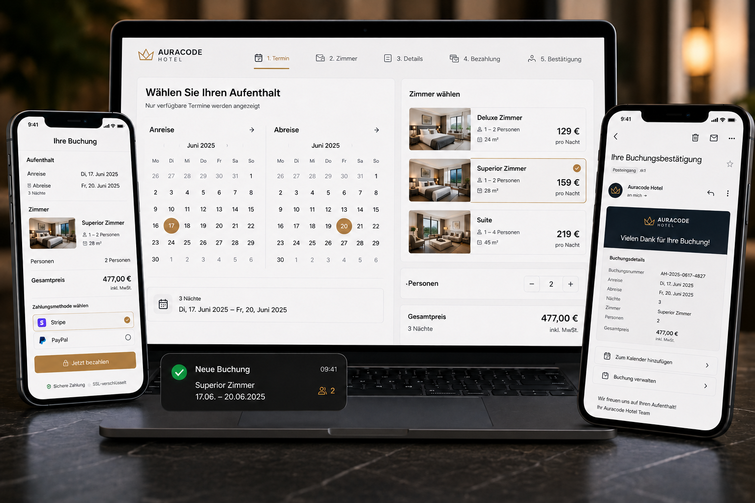 Direkt-Buchungs-Engine — Gast wählt Termin, Zimmer-Typ, Personenzahl und bezahlt sofort via Stripe