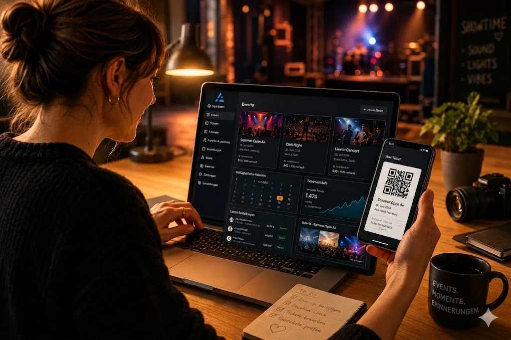 Event-Backoffice — Anfrage-Pipeline, Verfügbarkeits-Kalender, Ticket-Verkäufe, Foto-Galerien