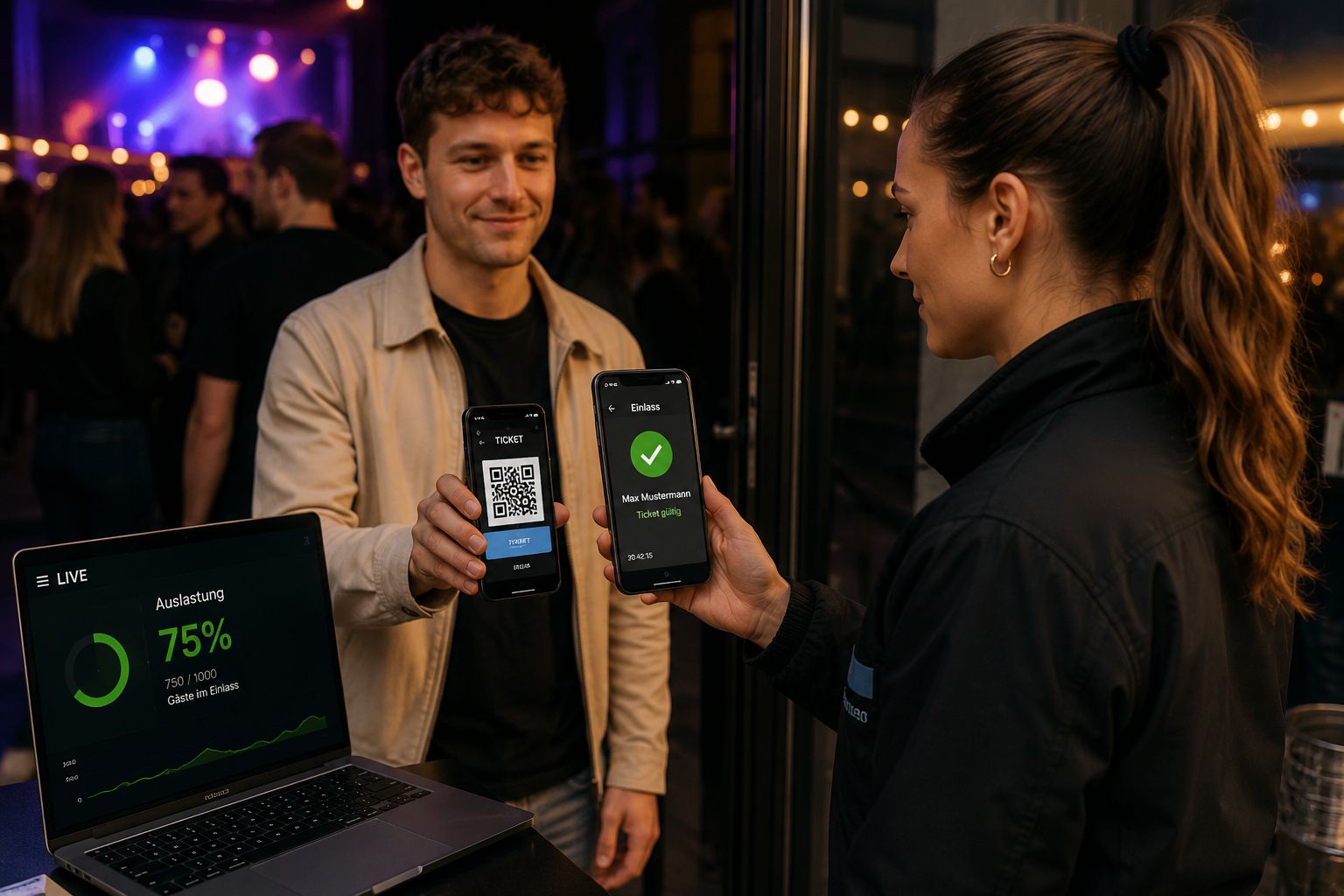 Einlass-Scan — Smartphone-Kamera scannt QR, grünes Häkchen + Gäste-Name, doppelter Scan wird abgelehnt