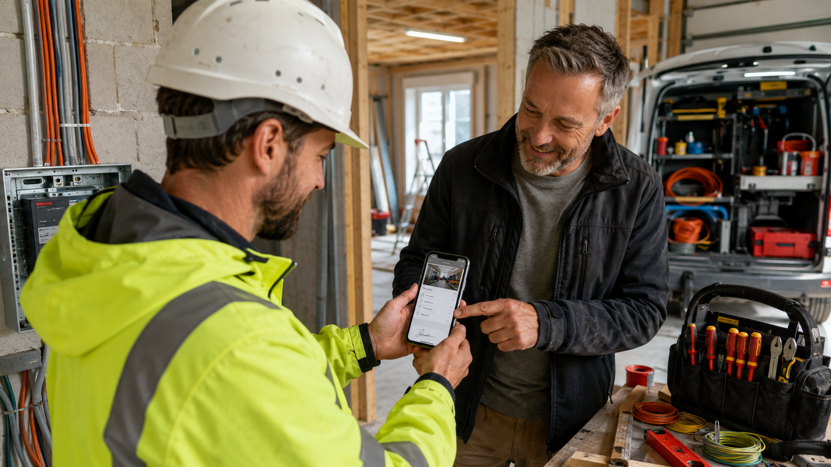 Monteur-App auf dem Smartphone — Auftragsdetails, Foto-Upload, Material-Liste, Unterschrift per Touch