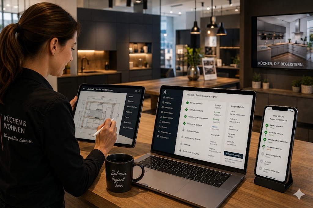 Möbel-Backoffice — Auftragsübersicht mit Status, Foto-Galerie und Aufmaß