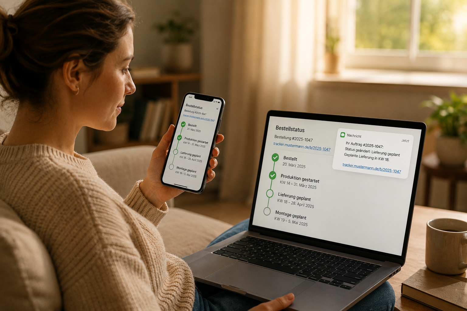Auftragsstatus-Tracker mit URL für Kunden — bestellt, in Produktion, Lieferung, montiert