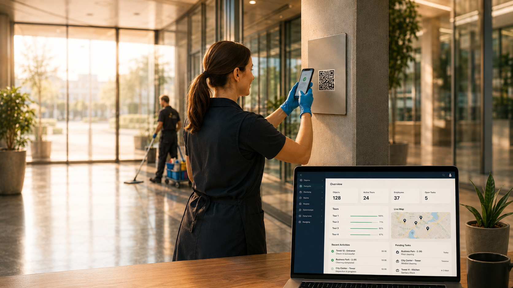 Reinigungs-Backoffice — Objekt-Liste, Tagestouren, Mitarbeiter-Status, Foto-Doku-Galerie