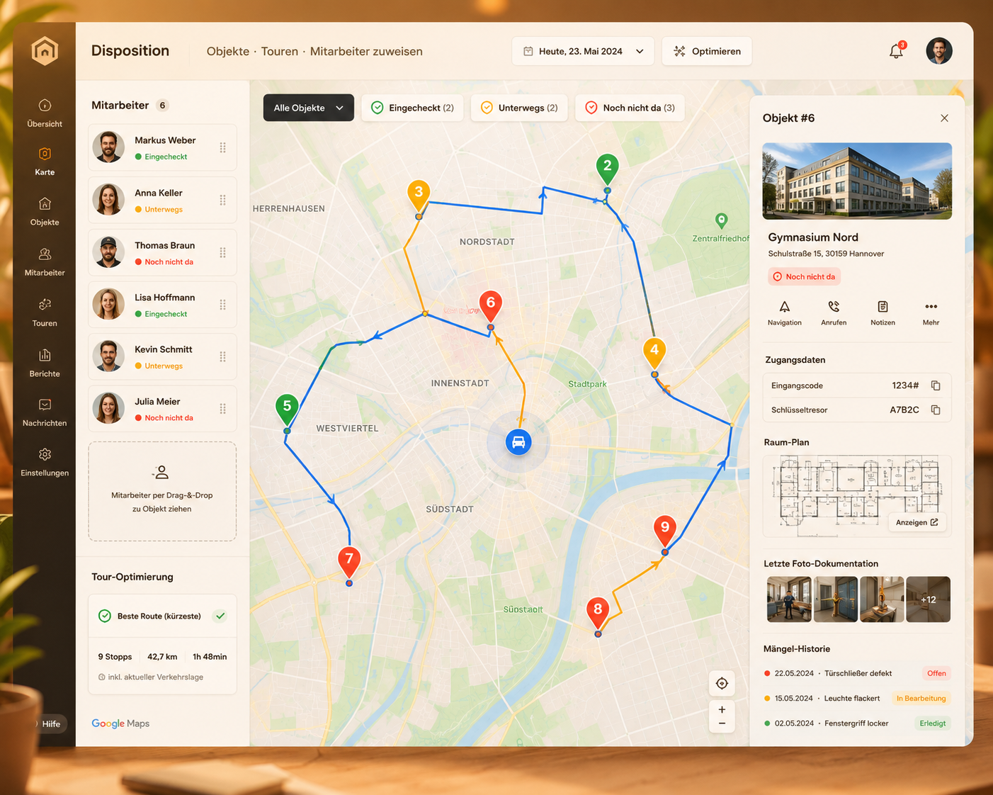 Tour-Plan — Tageskarte mit allen Objekten, Mitarbeiter-Zuweisung, Routen optimiert, Live-Status