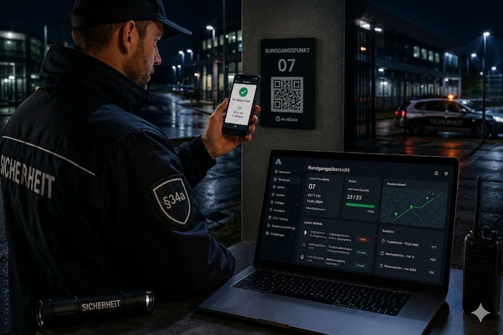 Sicherheits-Backoffice — Objekt-Liste, Rundgang-Status live, Vorfall-Pipeline, Sachkunde-Übersicht