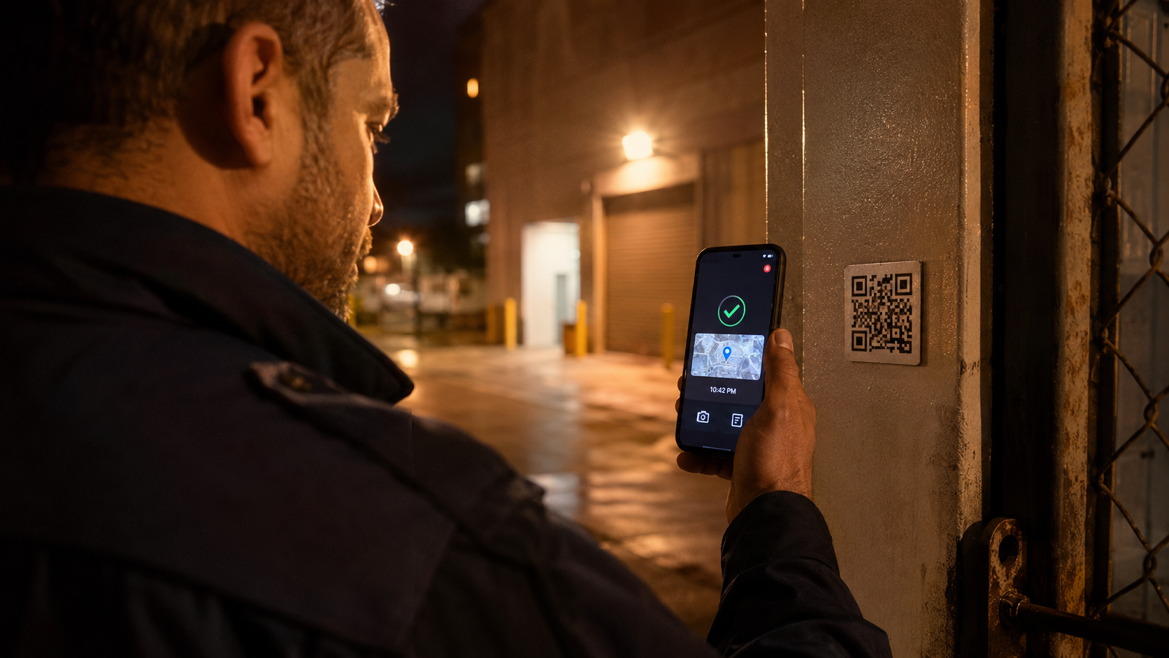 Rundgang-App — Mitarbeiter scannt QR am Wachpunkt, Liste mit Zeitstempel, GPS-Verifizierung