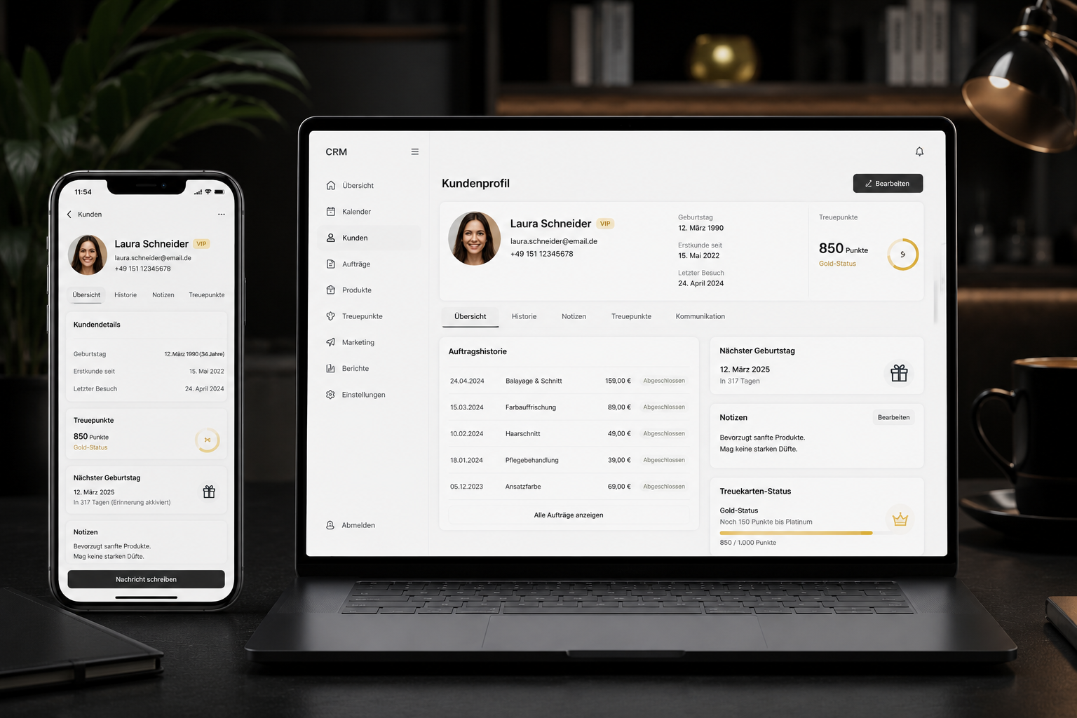 CRM-Dashboard — Kunden-Übersicht mit Historie, Notizen und Geburtstags-Erinnerung