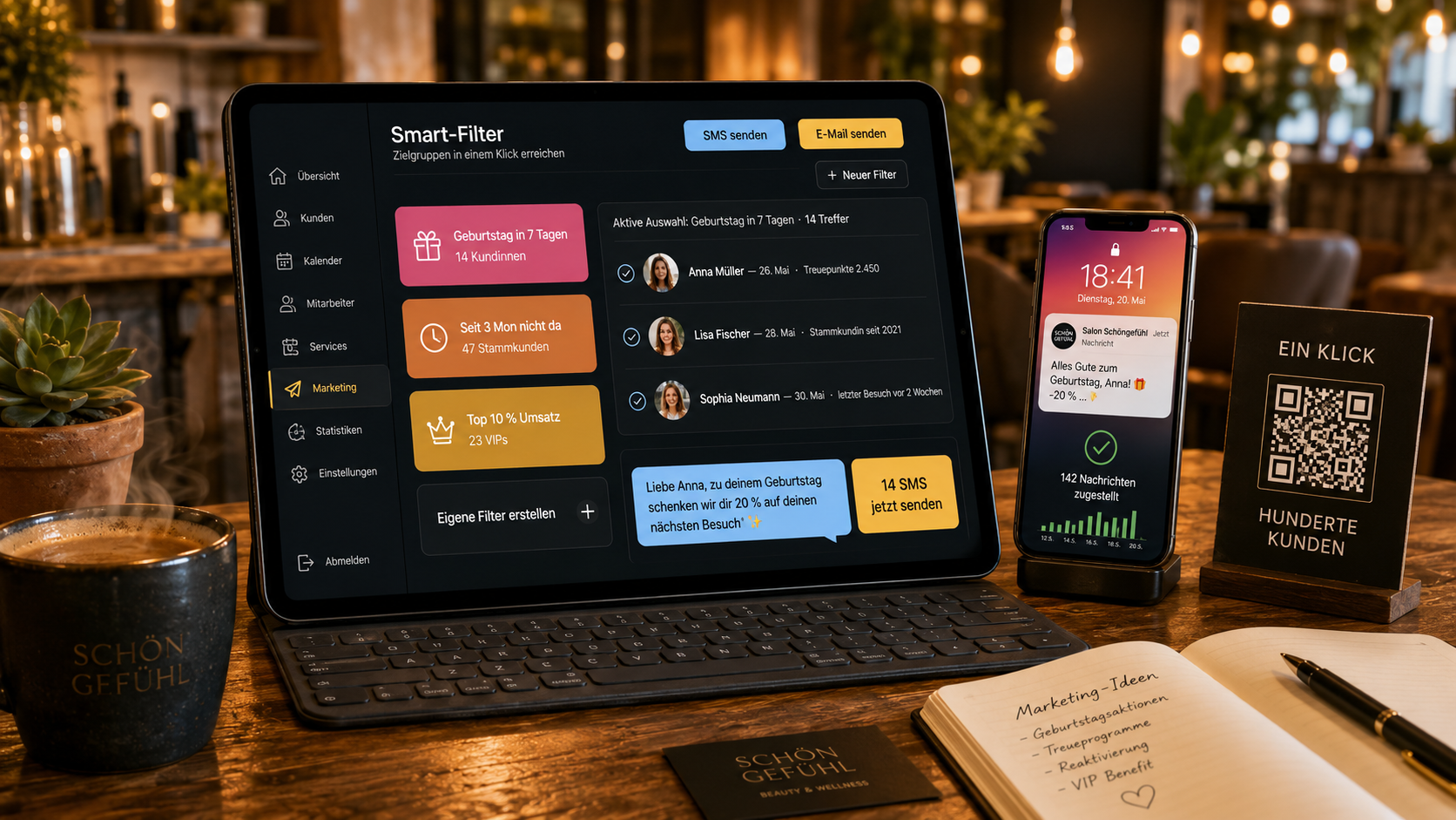 Smart-Filter — Stammkunden seit 3 Mon nicht da, Geburtstage in 7 Tagen, Top-Umsatz