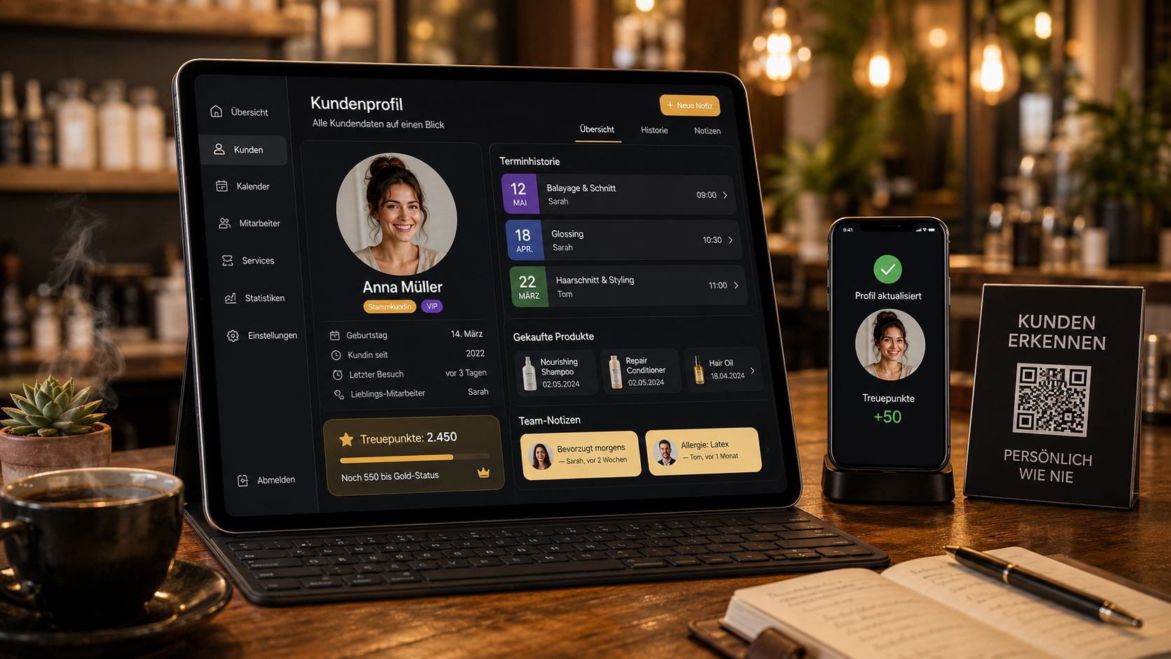 CRM-Backoffice — Kundenprofil mit Auftragshistorie, Notizen und Treuepunkten