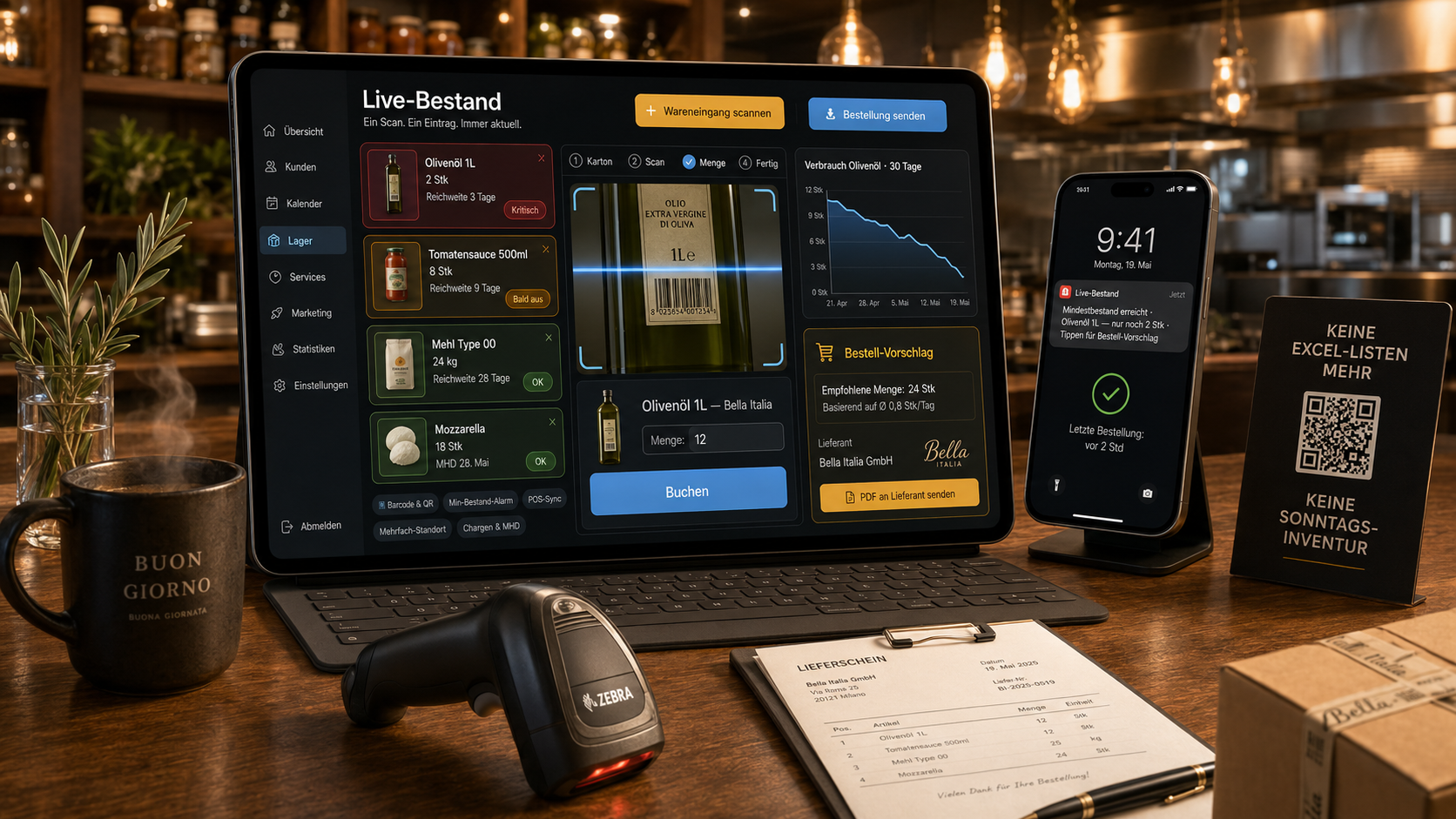 Lager-Dashboard — Übersicht aller Artikel mit Live-Bestand, Min-Bestand-Alarm und Bestell-Vorschlägen