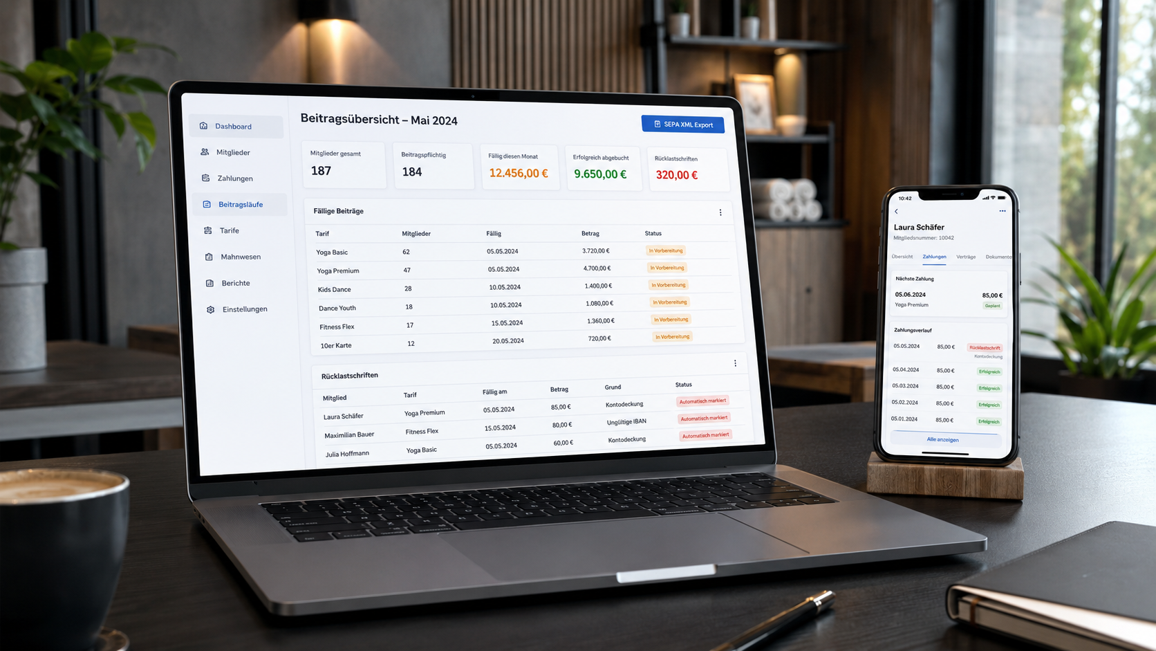 SEPA-Einzug Ansicht — Liste aller fälligen Beiträge, Status, XML-Export