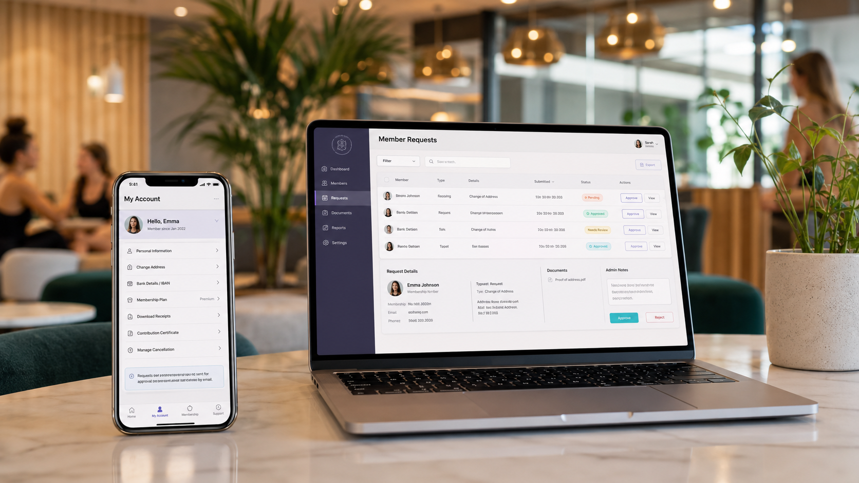Self-Service-Portal — Mitglied bearbeitet Adresse, lädt Beleg herunter, sieht Beitrags-Historie