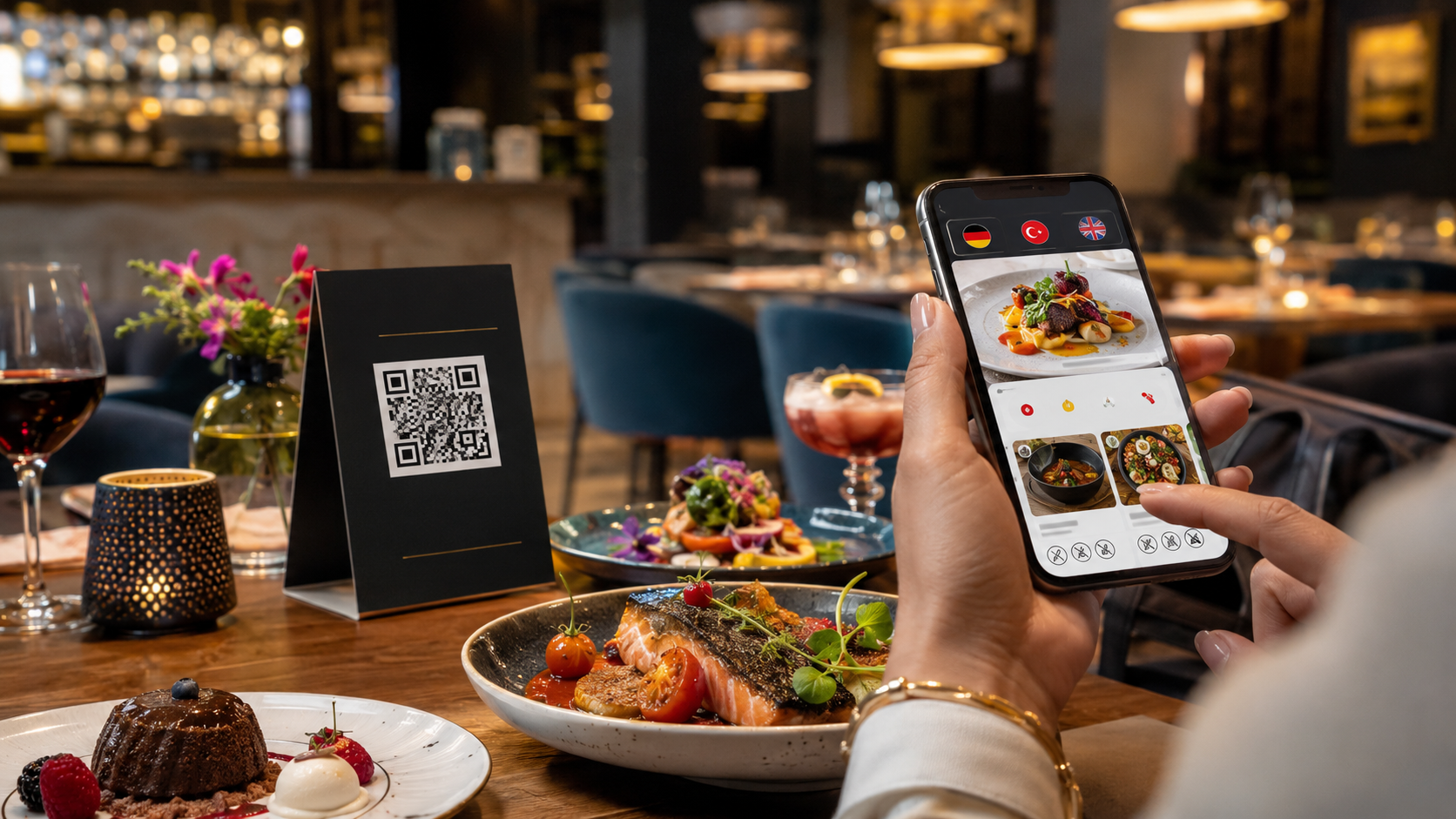 Digitale Speisekarte — Smartphone-Ansicht mit Foto, Preis und Allergen-Codes
