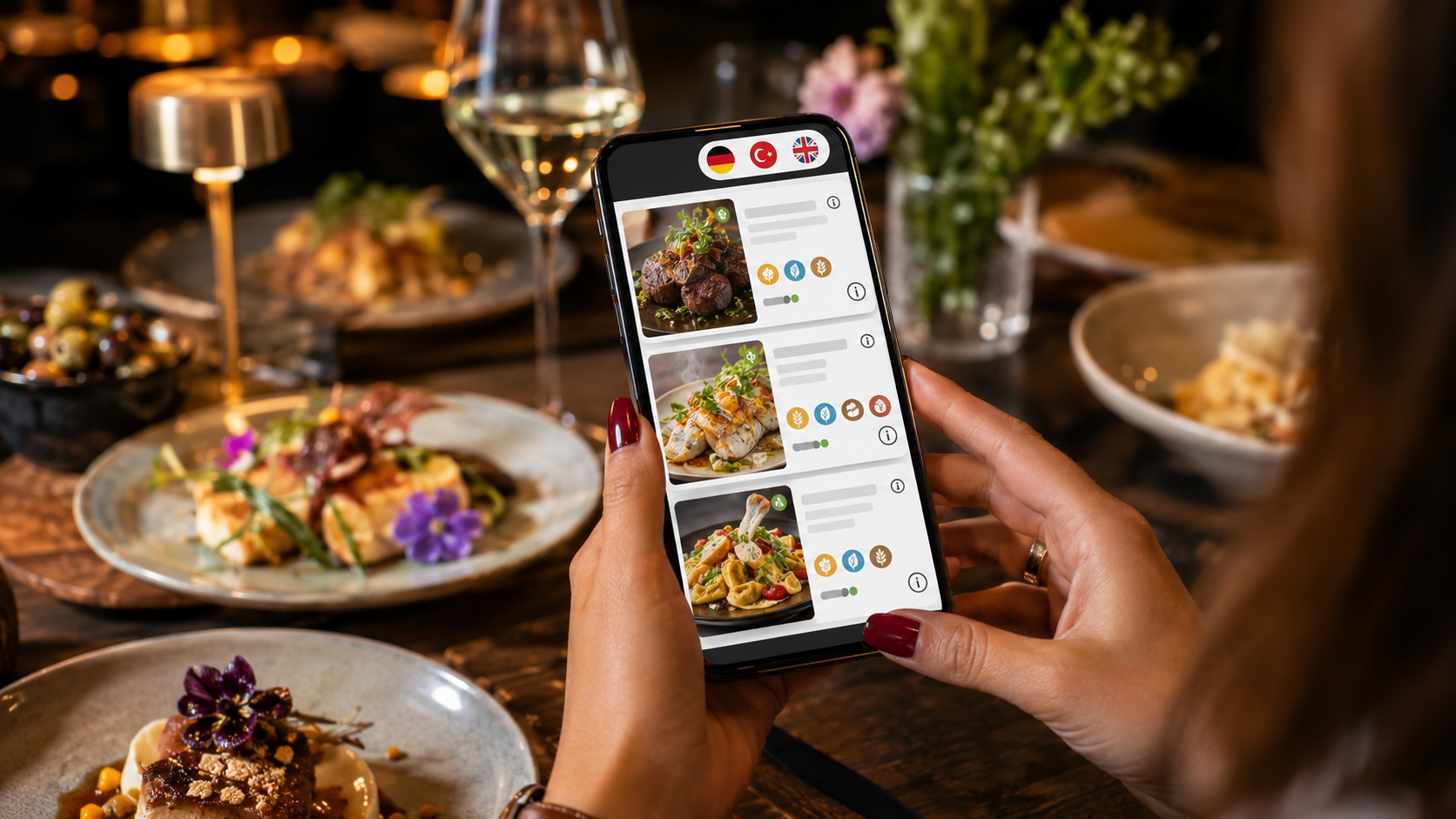 Smartphone mit geöffneter digitaler Speisekarte — Gericht mit Bild und Allergen-Codes