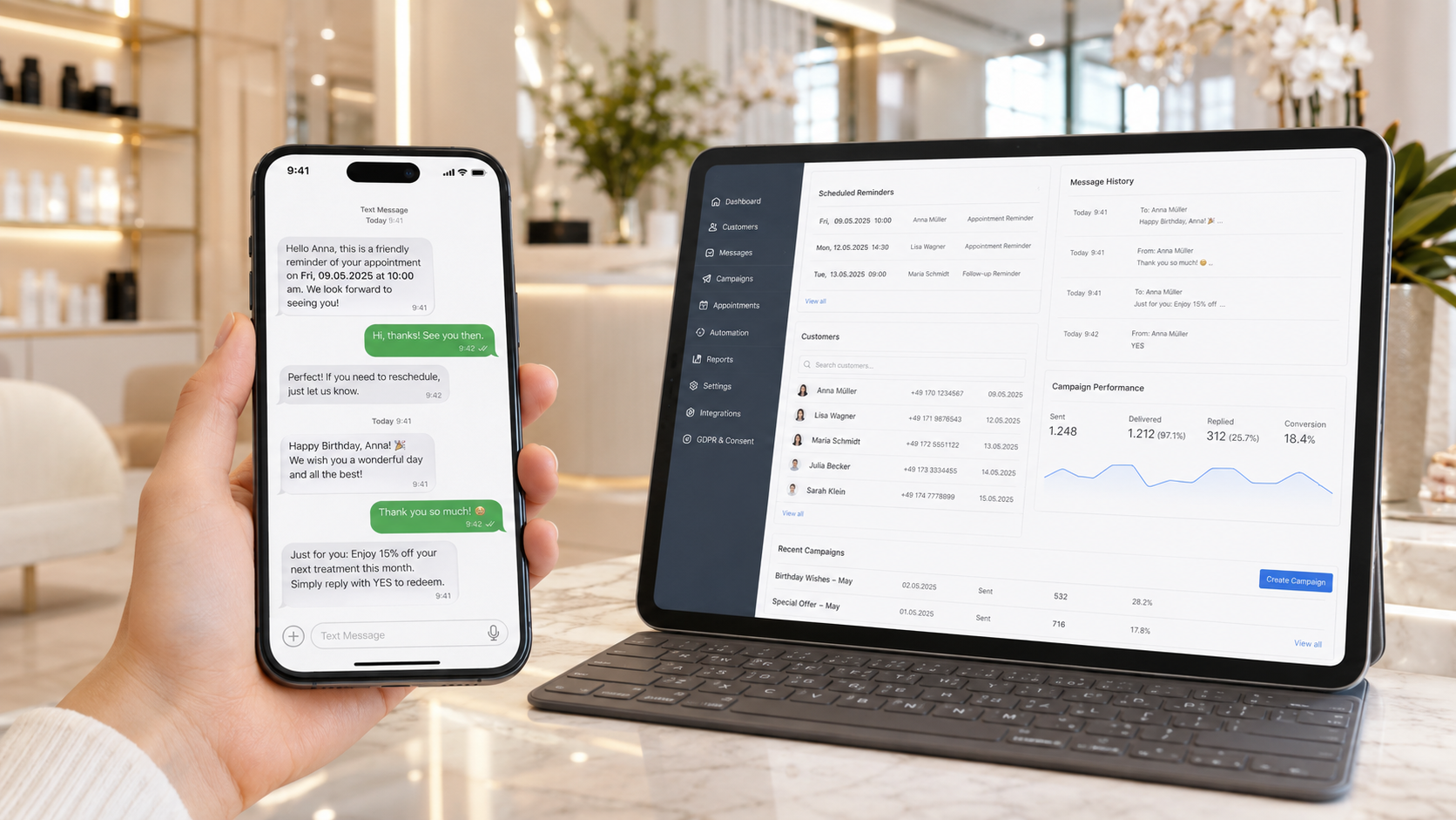 Kampagnen-Backoffice — SMS-Vorschau mit Personalisierung und geplantem Versand