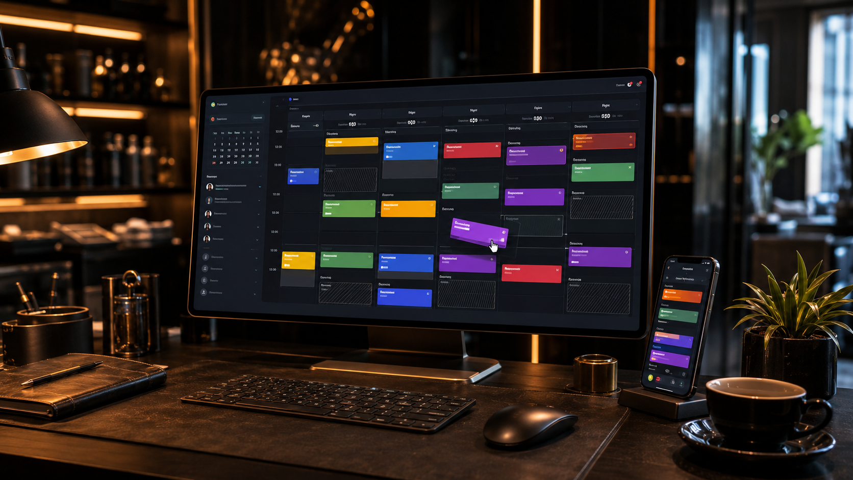 Mitarbeiter-Kalender mit Tages-Übersicht — farbcodierte Termine pro Stylist