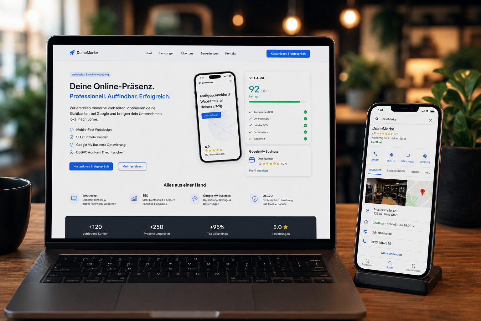 Beispiel-Webseite — Desktop-Ansicht mit Hero, Navigation und Sektionen